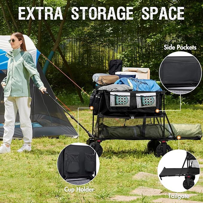 PORTAL 400L Collapsible Double Decker Wagon, Folding Wagon Cart with Tailgate, Beach Wagon with Big Wheels, 450LB Heavy Duty Foldable Wagon, Large Capacity Wagon for Camping, Sports, Garden, Baseball