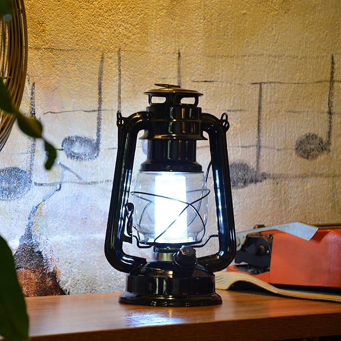 YAKii LED Vintage Metal Hanging Hurricane Lantern - 12 LED Dimmer Switch, Cold White Battery Operated Lantern for Power Outage, Indoor Camping, Outdoor Decoration (Black)