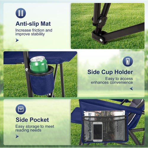 LET'S CAMP Oversized Camping Chairs 29.52" High Back Heavy Duty Lawn Chair Support 500LBS, Portable Collapsible Chair with Cup Holder, Side Pocket(Blue)