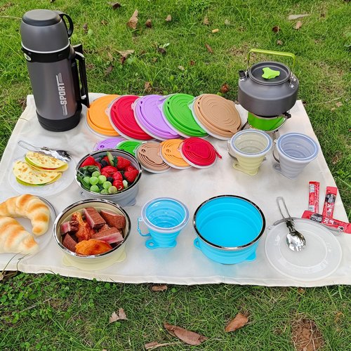 Cagelya Mess Kit for Camping Silicone Collapsible Bowl Collapsible Cup and Stainless Steel Spoon for Backpacking Outdoor Hiking Traveling and Picnic