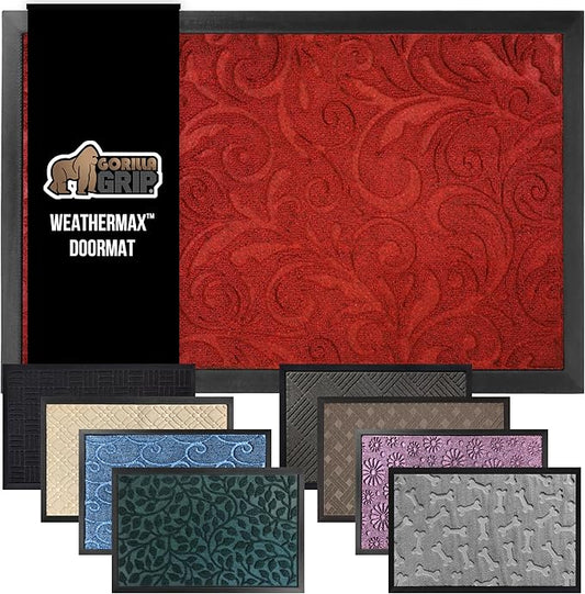 GORILLA GRIP 100% Waterproof All-Season WeatherMax Doormat, Durable Natural Rubber, Stain and Fade Resistant, Low Profile, Indoor Outdoor Doormats, Easy Clean Patio Entry Mat, 17x29, Red Vintage Wine