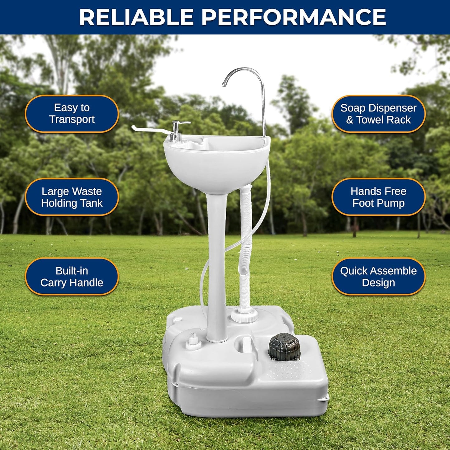 SereneLife Portable Camping Sink with 19L (5+ Gallon) Water Tank, Hands-Free Foot Pump, Soap Dispenser & Towel Holder, Compact Design with Carry Handle – Perfect for Camping, Worksites, Outdoors