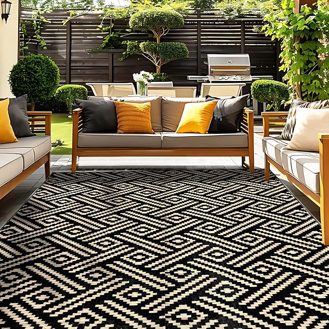 OPPODREAM Outdoor Rug 9x12 Patio Waterproof, Large Outdoor Plastic Straw Rug, Reversible Out Door Carpet Camping Essentials, Deck, Rv, 9 x 12 Area Carpet for Balcony, Porch, Backyard, Black & Beige