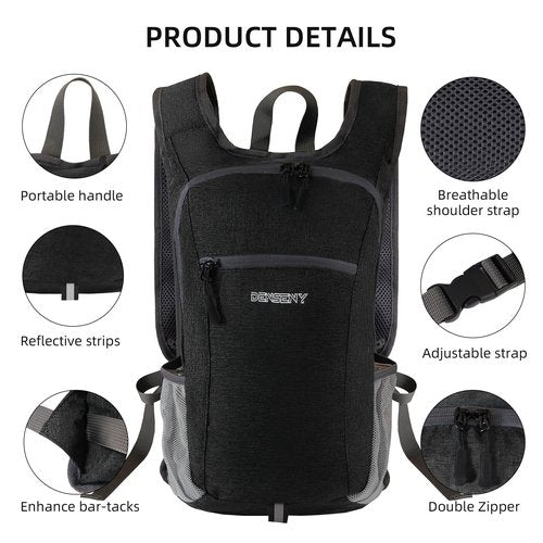 DENSENY 15L Hiking Backpack Travel Daypack Lightweight Small Foldable Packable Back Pack for Men and Women (Black, 15L)