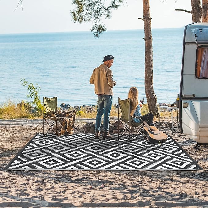 GENIMO Outdoor Rug for Patio Clearance,9'x12' Waterproof Large Mat,Reversible Plastic Camping Rugs,Rv,Porch,Deck,Camper,Balcony,Backyard,Black & White