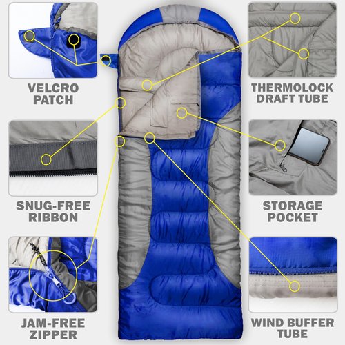 RIOYALO 5°F Cold Weather Sleeping Bags for Adults Camping | Big and Tall Winter Sleeping Bag w. Compression Sack for Backpacking, Hiking | Waterproof, Portable | Blue