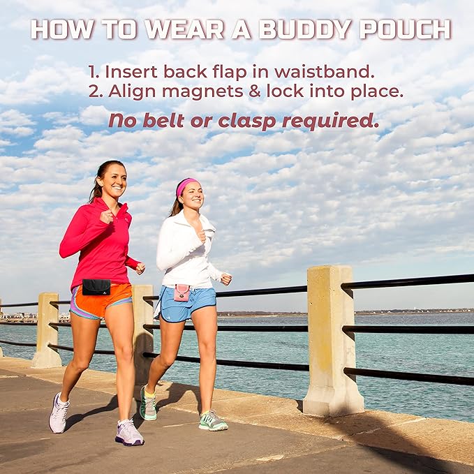 Running Buddy Magnetic Buddy Pouch, Beltess, Chafe and Bounce Free, Runners Fanny Pack, Phone Holder, Great for Running, Walking, Traveling & More, For Men & Women - 5-7/8" L x 4" W - Black and Pink