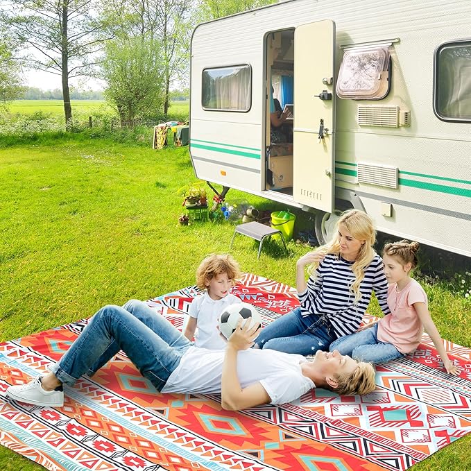 Beach Blanket, Sandproof Beach Mat, Waterproof Quick Drying Lightweight Outdoor Aztec Picnic Mat 79" X 83" for 2-4 Adults with Pocket for Travel, Camping, Hiking