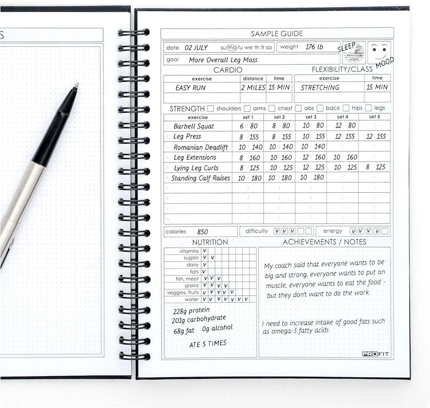 ProFit Fitness and Food Journal - Workout Log Book | Nutrition Journal | Food Tracker | Food Diary - Easy-to-Use A5 Exercise Diary / 6x8 Inches / 140 Pages / Undated (Hard Cover)