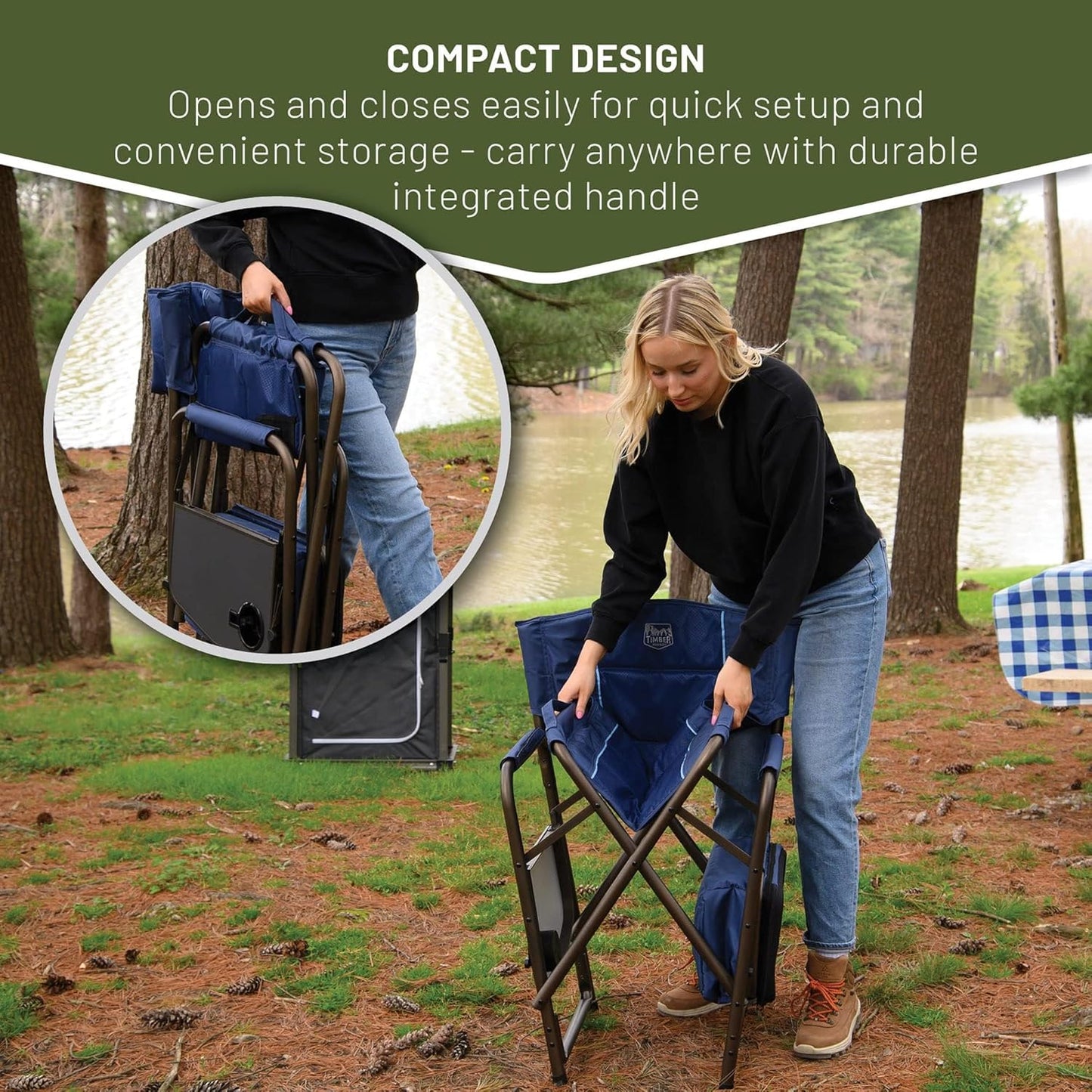 TIMBER RIDGE Lightweight Camping Chair, Portable Laurel Director's Chair with Foldable Side Table, Cooler Bag & Mesh Pocket, Compact Outdoor Folding Lawn Chair, Supports 300lbs, Grey