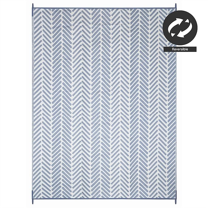 FH Home Outdoor Camping Rug - Waterproof, Fade Resistant, Reversible - Premium Recycled Plastic - Herringbone - Large Patio, Deck, Sunroom, RV - Fresno - Light Blue - 9 x 12 ft Foldable