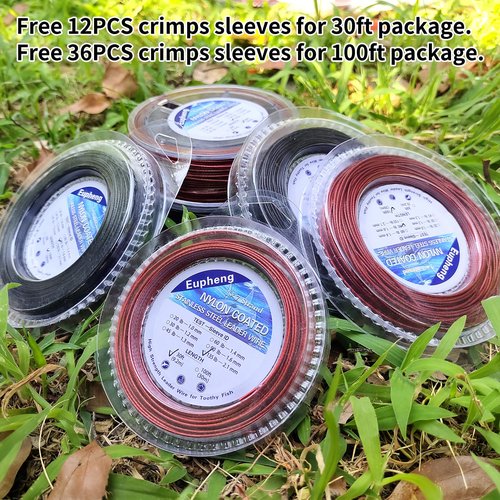 Eupheng Nylon Coated 1x7 & 7x7 Stainless Steel Leader Wire, Knottable Fishing Wire Leader Line for Saltwater, 20lb - 135lb Test in Black, Red in 30ft, 100ft Lengths, with Crimps Sleeves