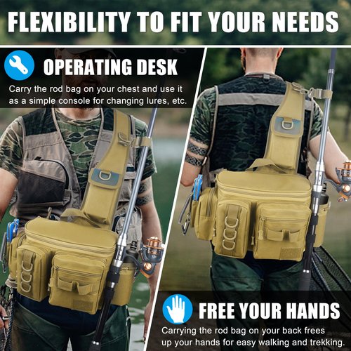 OROOTL Fishing Sling Bag with Rod Holder, Portable Fishing Backpack Lightweight Fishing Fanny Pack Waterproof Crossbody Fishing Gear Storage Bag for Men Women Gift