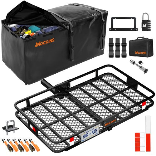 Mockins 60"x36"x6" XL Folding Trailer Hitch Cargo Carrier & 35 Cu.Ft. Tow Hitch Cargo Carrier Bag | 500 Lbs. Capacity Luggage Rack for SUV Car Truck & Soft Waterproof Trailer Rack Bag with Accessories