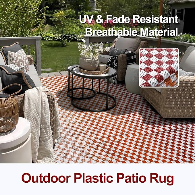 Wonnitar Waterproof 8x10 Outdoor Rug - Orange Red Ombre Checkered Patio Rug, Large Reversible Outside Mat for RV Deck Balcony, Lightweight Colorful Outdoor Camping Carpet