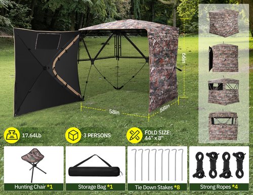 Vibemo Hunting Blind 270° See Through Ground Blind, 2-3 Person Pop-up Portable Deer Blind with Carring Bag，D Shaped and Full Open Door, Camouflage Hunting Tent for Deer & Turkey Hunting