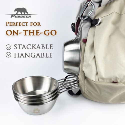 Pubgeer Camping Bowls 31oz (4 pack) - Nesting Stainless Steel bowl with Handles | Outdoor Sierra Cup | Ideal for RV Travel, Camping, and Backpacking | Makgeolli Bowls | Soup Bowls