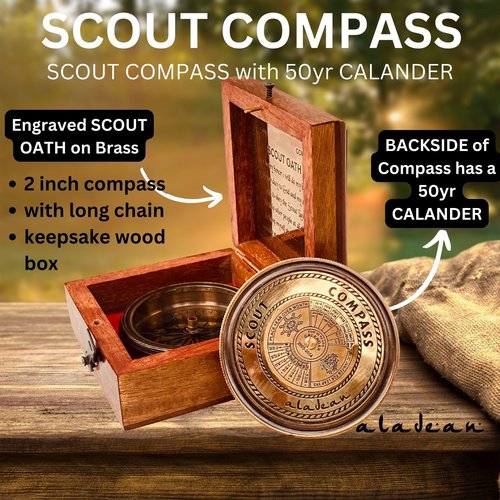 Scout Compass Gift Boys - Engraved Scout Oath Compass in Wood Box Scout Always Prepared Camping Orienteering Compass, Hiking Backpacking Compass Gift, 50 Year calander (#1 Scout Compass w Lid)