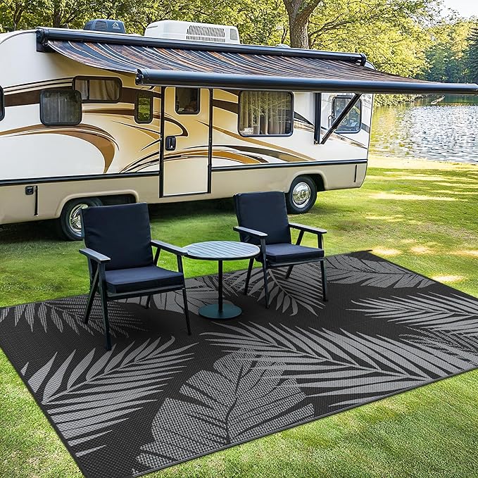 Outdoor Rug 6' x 9' for Patio Waterproof Clearance, Reversible Indoor Outdoor Plastic Straw Camping Rug Carpet, RV Mat, Large Area Rug for Deck, Backyard, Balcony, Porch, Beach, Black and Grey