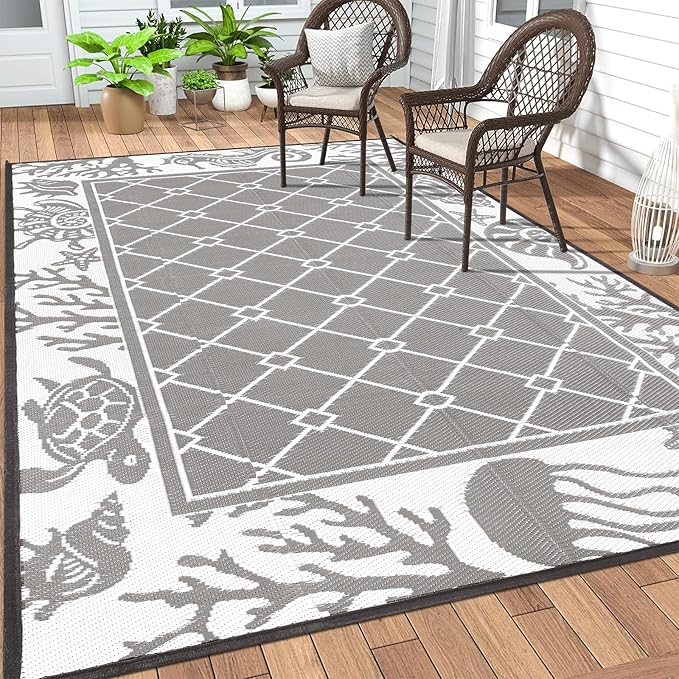 Vaukki Reversible Rugs, Plastic Straw Outdoor Doormat, Fade Resistant Plastic Outdoor Patio Mat, Lightweight Ocean Area Carpet for Patio, RV, Camping, Beach, Deck, Backyard and Picnic (Grey, 5'x8')
