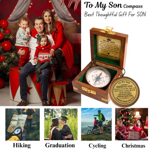 to My Son Compass with Wooden Box. Gift for Son from Mom Dad, Father to Son Gifts, Birthday Baptism Confirmation Communion, Mom to Son Gifts for Graduation Day, Compass for Women Men