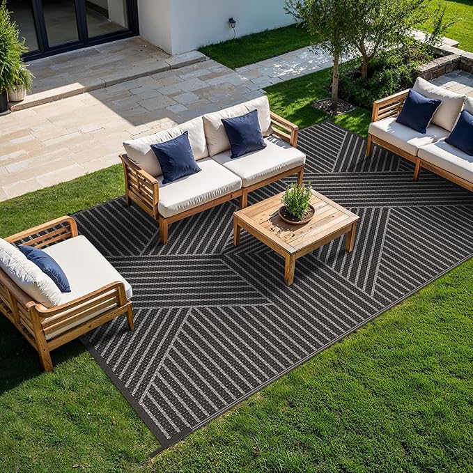 GENIMO Outdoor Rug 6'x9' for Patio Waterproof Clearance, Reversible Outdoor Plastic Straw Rug, Lightweight Carpet Camping Mat for Rv, Camper, Picnic, Balcony, Backyard, Deck, Porch, Black & Gray
