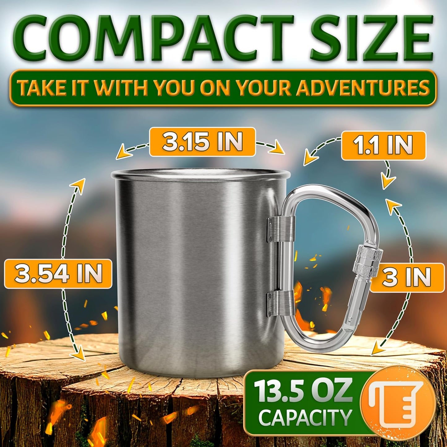 Stainless Steel Mug with Handle - Coffee Camping Mug with Carabiner Handle Portable Backpack Outdoor Cup Lightweight Camping Gear for Men - 13.5Oz Backpacking Coffee Cup Hiking Gift Climbing Mug