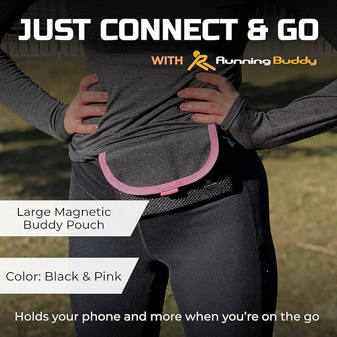 Running Buddy Magnetic Buddy Pouch, Beltess, Chafe and Bounce Free, Runners Fanny Pack, Phone Holder, Great for Running, Walking, Traveling & More, For Men & Women - 5-7/8" L x 4" W - Black and Pink