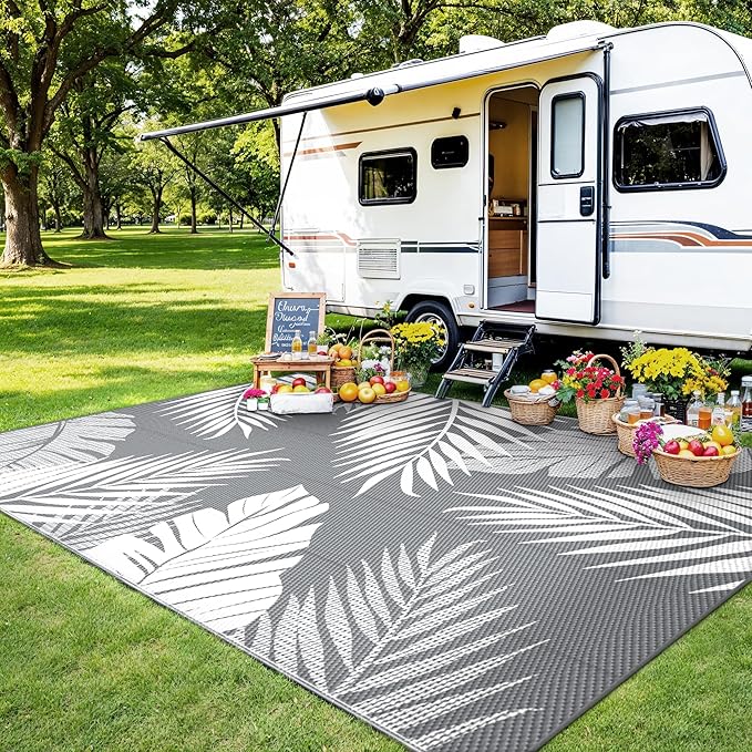 Outdoor Rug 8' x 10' for Patio Waterproof Clearance, Reversible Indoor Outdoor Plastic Straw Camping Rug Carpet, RV Mat, Large Area Rug for Deck, Backyard, Balcony, Porch, Beach,Grey and White