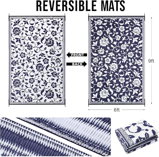 OLANLY Waterproof Outdoor Rug 6x9 ft, Outdoor Plastic Straw Rug with Flower Pattern, Reversible RV Mat for Patio, Camping, Balcony, Deck, Backyard, Navy & White