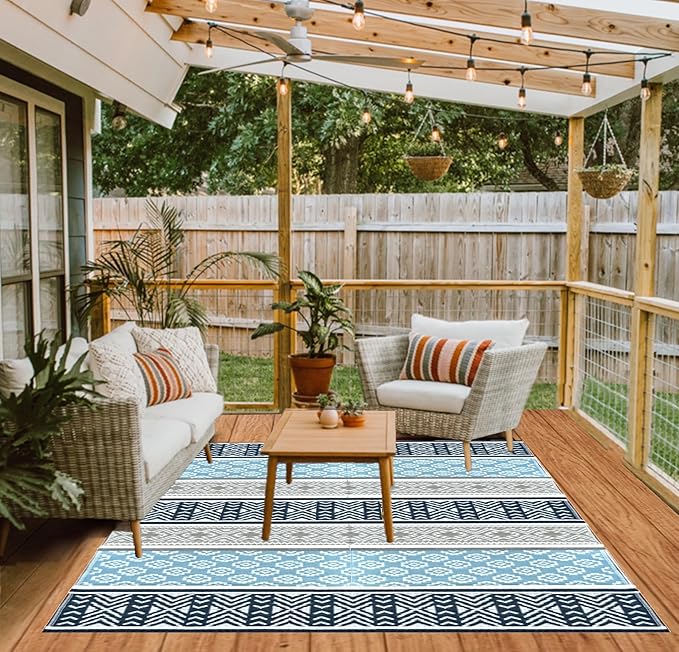 BalajeesUSA Outdoor Plastic Patio Rugs – 6x9, Grey, Teal, Durable and Affordable Multipurpose Woven Plastic Straw Recycled All-Weather and Waterproof Rug Reversible Camper Mats 7018