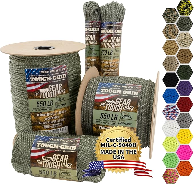 TOUGH-GRID Premium 550lb Paracord Rope - 100ft - Digi Camo - 100% Nylon Type III Mil-Spec - UV & Abrasion Resistant - Heavy Duty Strands - Outdoor Survival Rope - Used by US Military - Made in USA