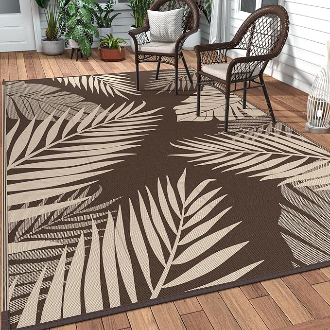 GENIMO Outdoor Rug 9' x 18' Waterproof for Patios Clearance, Reversible Outdoor Plastic Straw Camping Rug Carpet, Large Area Rugs Mats for RV, Camper, Deck, Balcony, Porch, Beach, Coffee&Beige