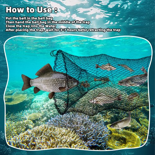 3 Pcs Foldable Fishing Net Accessories for Crab Crayfish Shrimp:Fishing Landing Net with Telescoping Pole Handle, Collapsible Crab Trap Hexagon and 2 Ropes