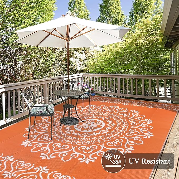 Pauwer Waterproof Outdoor Rug 8x10, Reversible Plastic Straw Patio Camping Rug, Indoor Outdoor RV Mat Carpet for Deck, Camper, Porch, Balcony, Backyard, Picnic, Floral Orange