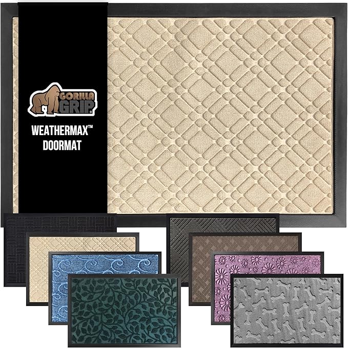 GORILLA GRIP 100% Waterproof All-Season WeatherMax Doormat, 23x35, Durable Natural Rubber, Stain and Fade Resistant, Low Profile, Indoor Outdoor Door Mats, Easy Clean Patio Entrance Mat, Modern Latte