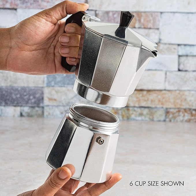 Primula Classic Stovetop Espresso and Coffee Maker, Moka Pot for Italian and Cuban Café Brewing, Greca Coffee Maker, Cafeteras, 3 Espresso Cups, Silver
