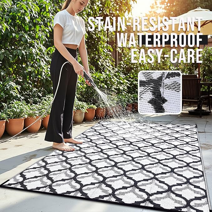 OLANLY Reversible Outdoor Rug 9x12 ft Clearance, Waterproof Outdoor Plastic Straw Rug with Interlacing Pattern, RV Mat for Patio, Camping, Balcony, Deck, Backyard, Black & White