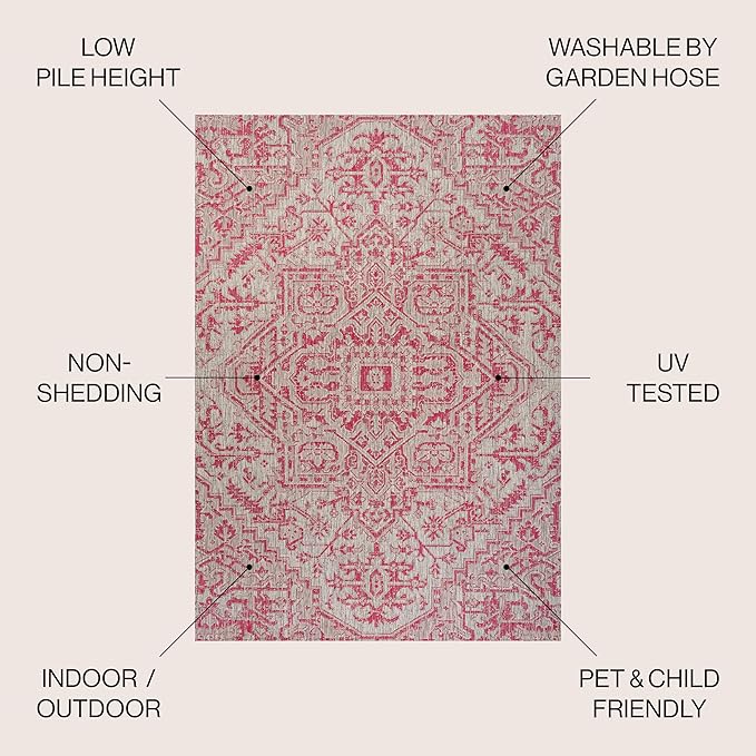 JONATHAN Y SMB105F-9 Estrella Bohemian Medallion Textured Weave Indoor Outdoor Area-Rug, Coastal Traditional Easy-Cleaning,Bedroom,Kitchen,Backyard,Patio,Non Shedding, 9 X 12, Light Gray/Fuchsia