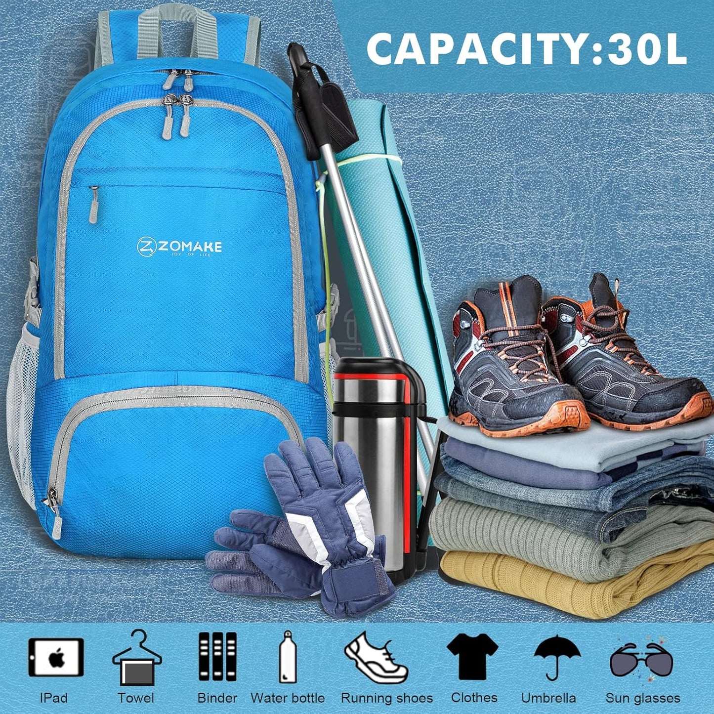 ZOMAKE Lightweight Packable Backpack 30L, Foldable Hiking Backpacks Water Resistant Compact Folding Daypack for Travel(Black)