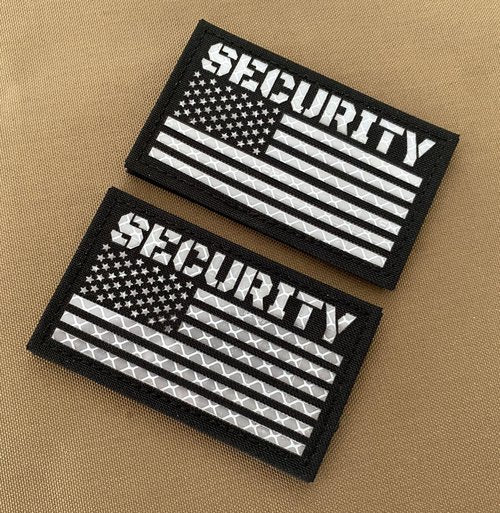 2 Pack Black White Reflective Security Patch US Flag with Hook Back for Service Harness Tactical Vest Collar Hook-Fastener Backing (SECURITY)