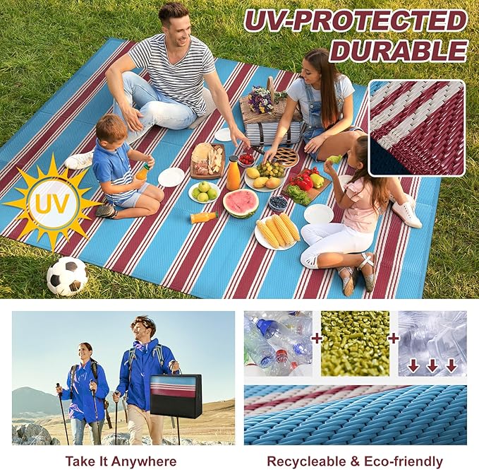 Lahome Striped Outdoor Rug 8x10 Patio Waterproof, Reversible Outdoor Plastic Straw Rug for Camping, RV Patio Rugs Outside Large Carpet for Porch Deck Backyard Picnic(Blue/Red,8'x 10')