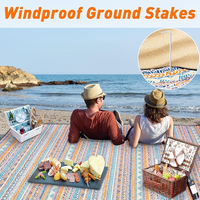 PY SUPER MODE Picnic Blankets Extra Large, Waterproof Foldable Outdoor Beach Blanket Oversized 83x79” Sandproof, 3-Layer Picnic Mat for Camping, Hiking, Travel, Park, Concerts(Orange Boho)