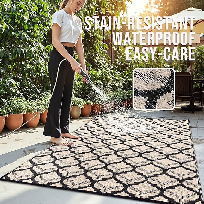 OLANLY Reversible Outdoor Rug 9x12 ft Clearance, Waterproof Outdoor Plastic Straw Rug with Interlacing Pattern, RV Mat for Patio, Camping, Balcony, Deck, Backyard, Black & Beige