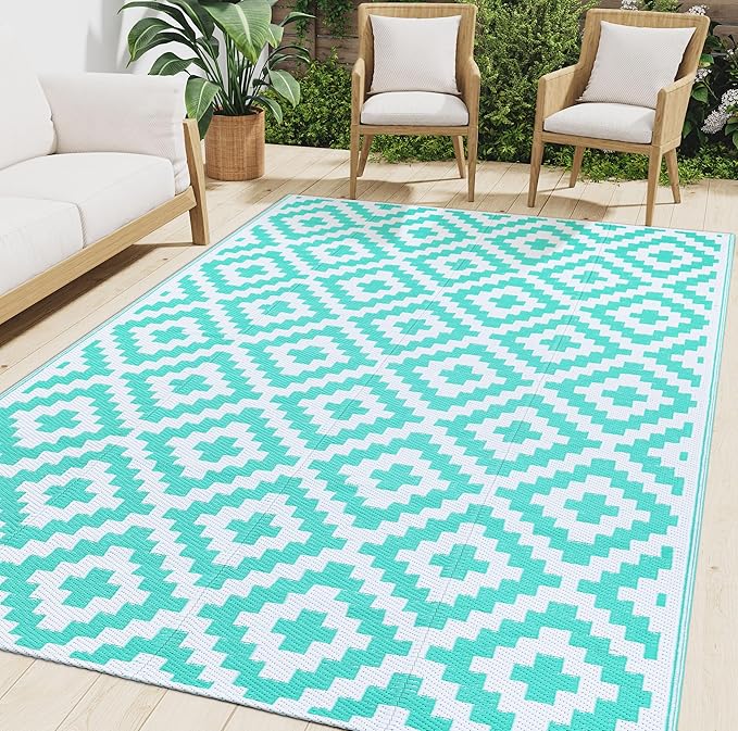 Smiry Waterproof Outdoor Rug 8x10 ft, Reversible Plastic Straw Patio Camping Rugs, Outdoor Indoor RV Mat Carpet for Patio, Outside Entry, Backyard, Deck, Bench, Picnic, Camper, White & Teal