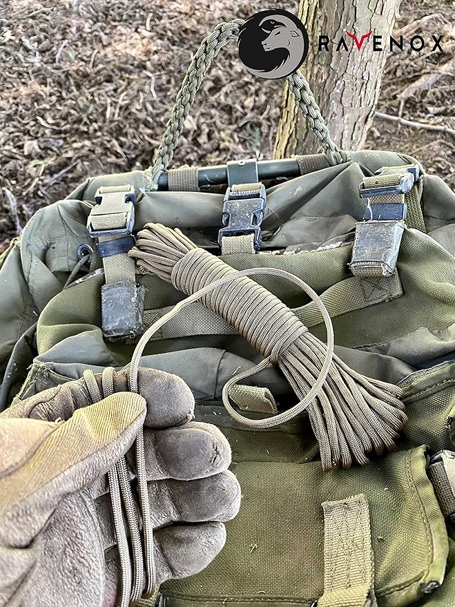 Ravenox Type III 550 Paracord | Genuine Military 550 Cord (Coyote)(100 Feet)| 7 Inner Strand, 100% Twisted Nylon Cordage | Parachute Cord Rope for Military, Survival, Outdoor Recreation | Made in USA