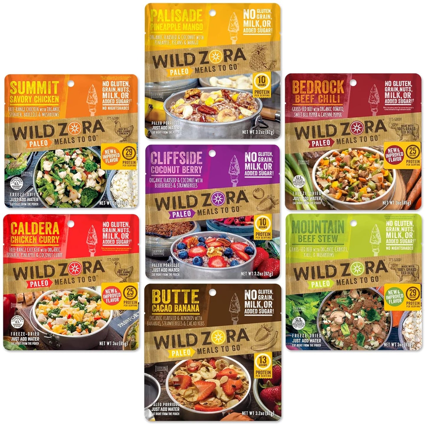 Wild Zora Paleo Freeze Dried Meals for Backpacking & Camping - Healthy Gluten Free & Grain Free Camping Meals/Backpacking Food + No Added Sugar - Great for Travel (AIP 4-pack)