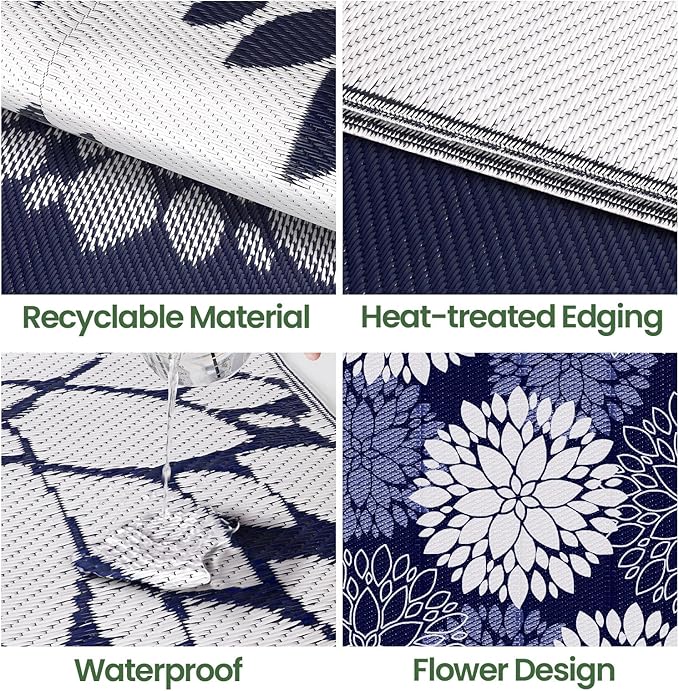 LuxStep Outdoor Rug Waterproof Outdoor Plastic Straw Rug Reversible Patio Rug Mat Outdoor Decor Large Area Mats for RV, Picnic, Backyard, Deck, Balcony, Porch, Beach, Camping, 5' x 8' Blue