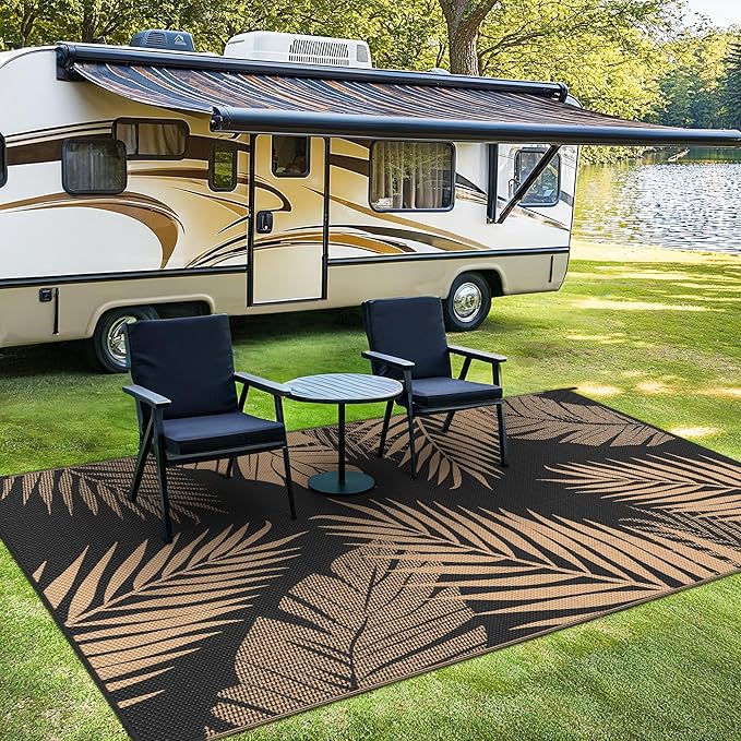 Outdoor Rug 9' x 12' for Patio Waterproof Clearance, Reversible Indoor Outdoor Plastic Straw Camping Rug Carpet, RV Mat, Large Area Rug for Deck, Backyard, Balcony, Porch, Beach,Black and Brown