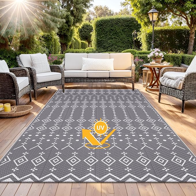 StepRite 8’ x 10’ Reversible Outdoor Rug, Waterproof Plastic Straw Rug, Patio Rug, Large Modern Area Rug Carpet, Indoor Outdoor Rugs for Camping, Porch, Deck, Balcony, Backyard, RV, Picnic(Grey)